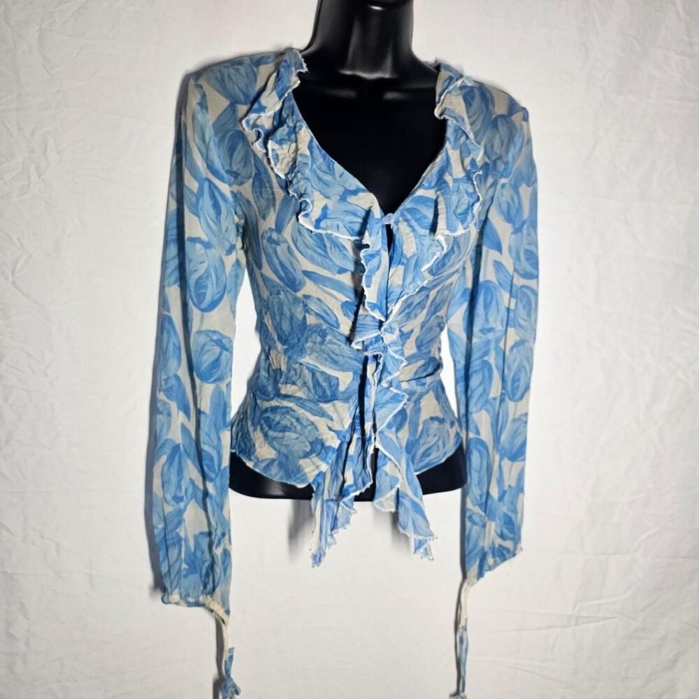 100% silk blue white floral vintage y2k 2000s ruffle front top